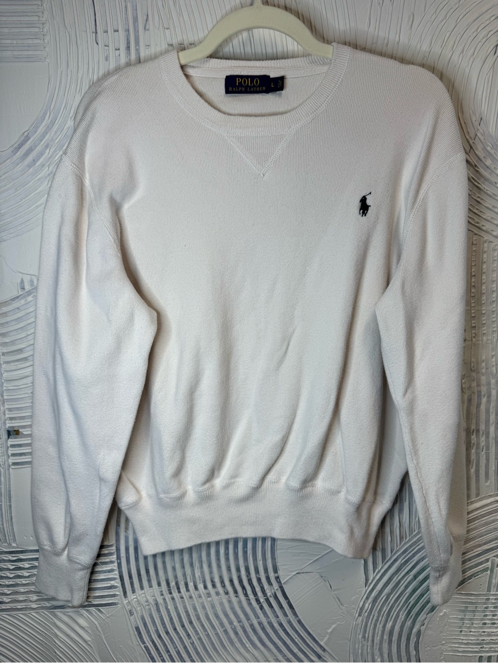 Ralph Lauren Men's Cream Crewneck Sweater with Navy Pony